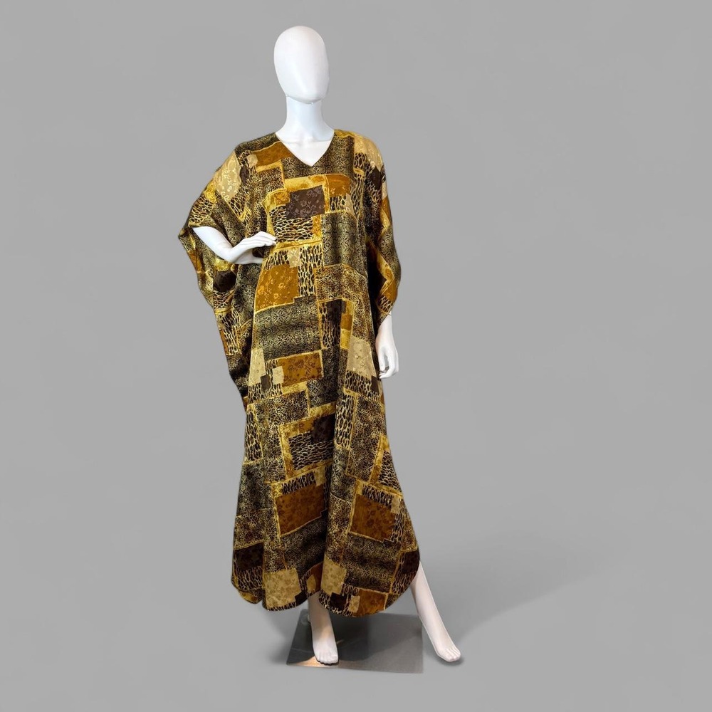 Vintage Kisura Animal Print Patchwork Caftan Maxi Dress Gold Brown OSFM